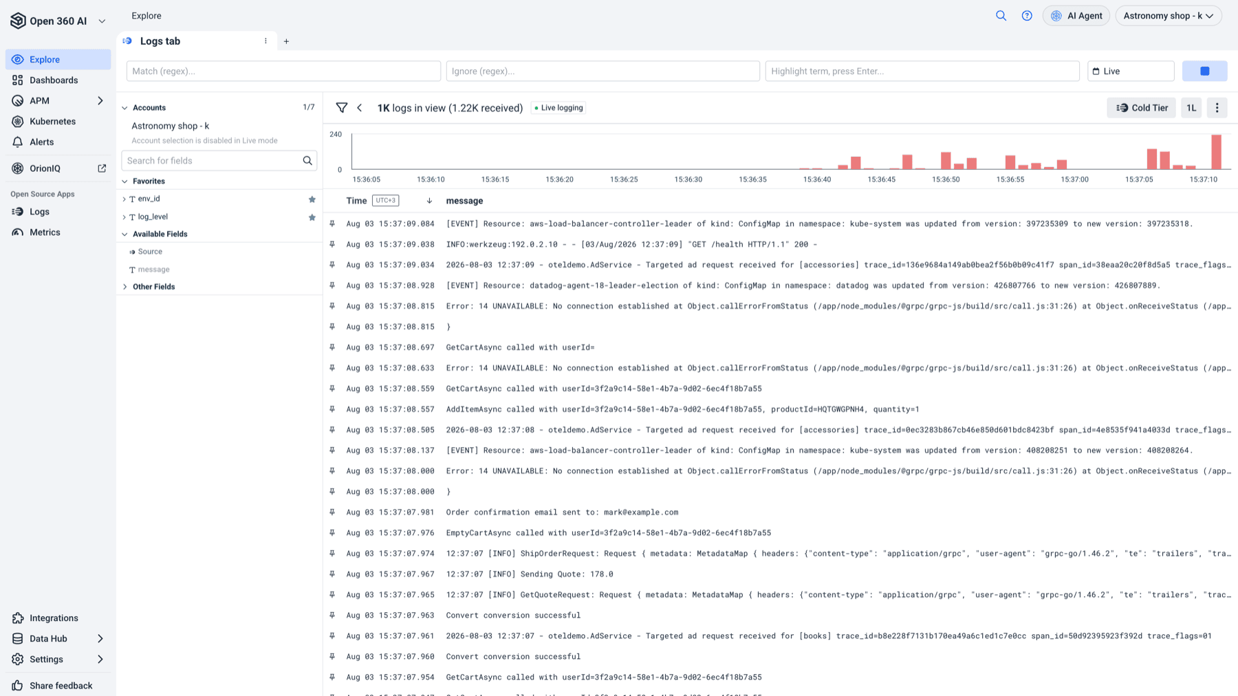Live Tail streaming logs with filters and highlights